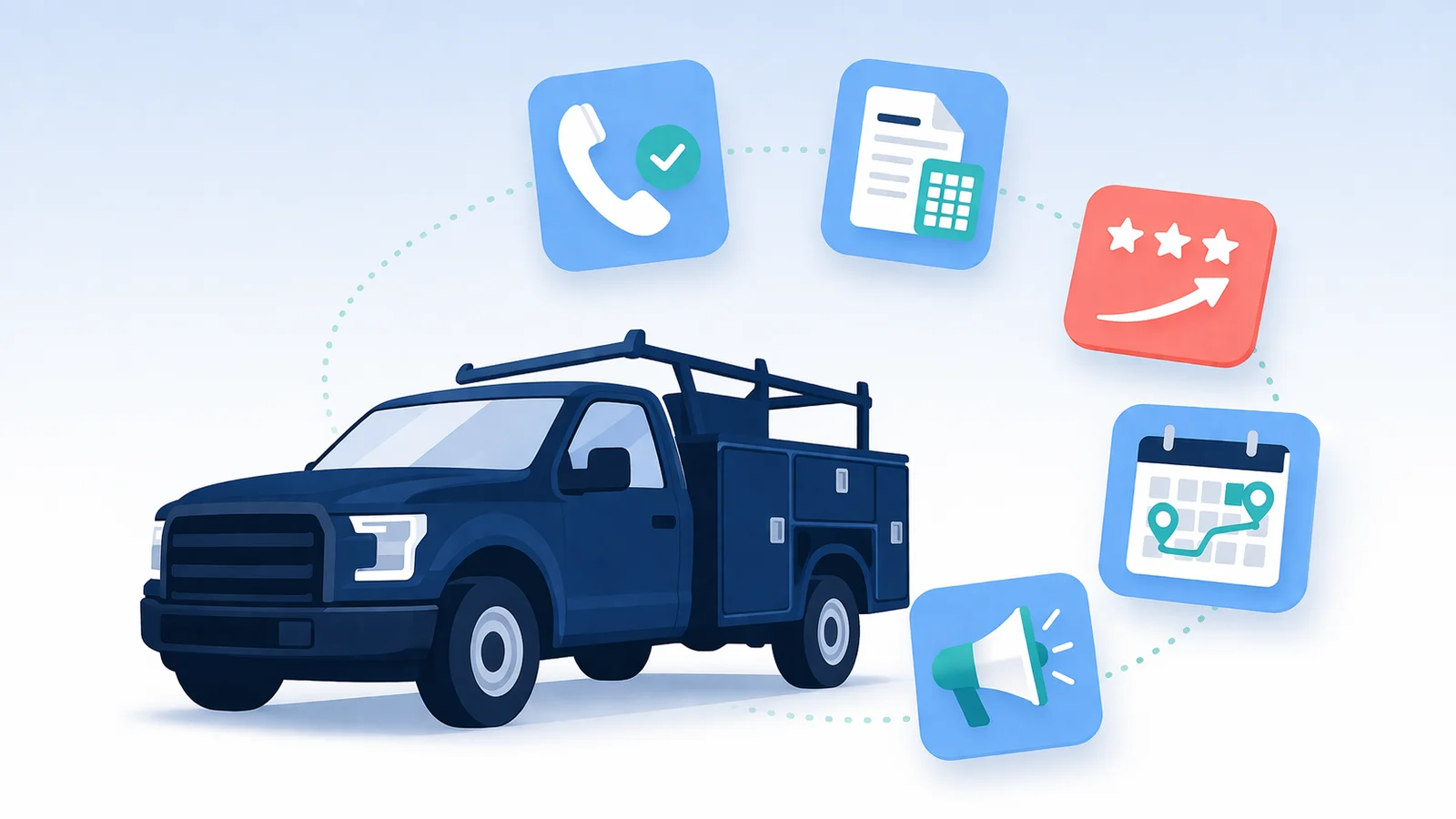 A navy blue work truck surrounded by five floating interface cards with icons for phone answering, estimates, star ratings, scheduling, and marketing